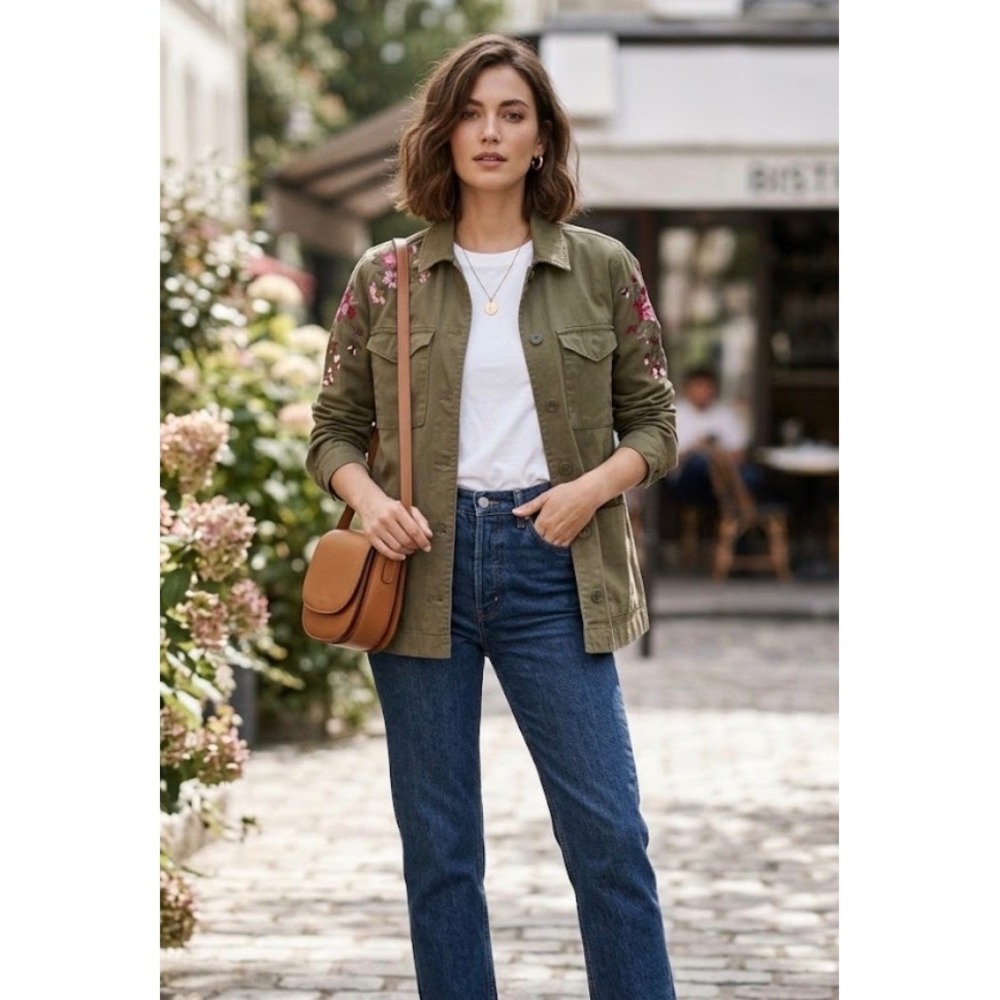 ANA A New Approach Olive Green Floral Embroidered Utility Jacket XL Cotton